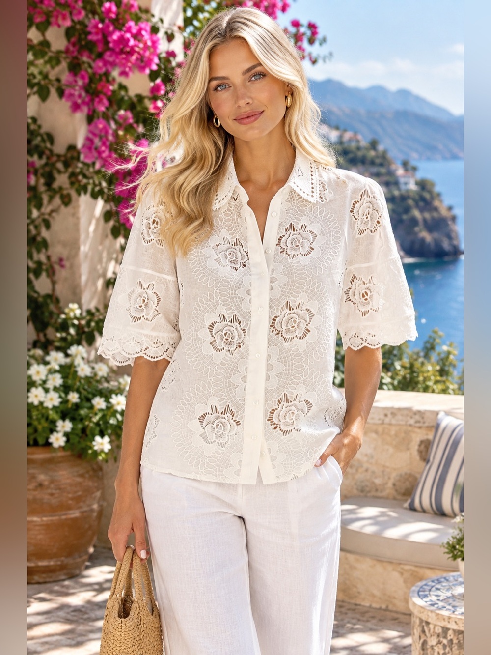 New Elie Thari White Eyelet Button-Front exclusive Top